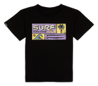 Black t-shirt featuring a retro surf graphic with palm trees and waves, ideal for kids who love surf culture.