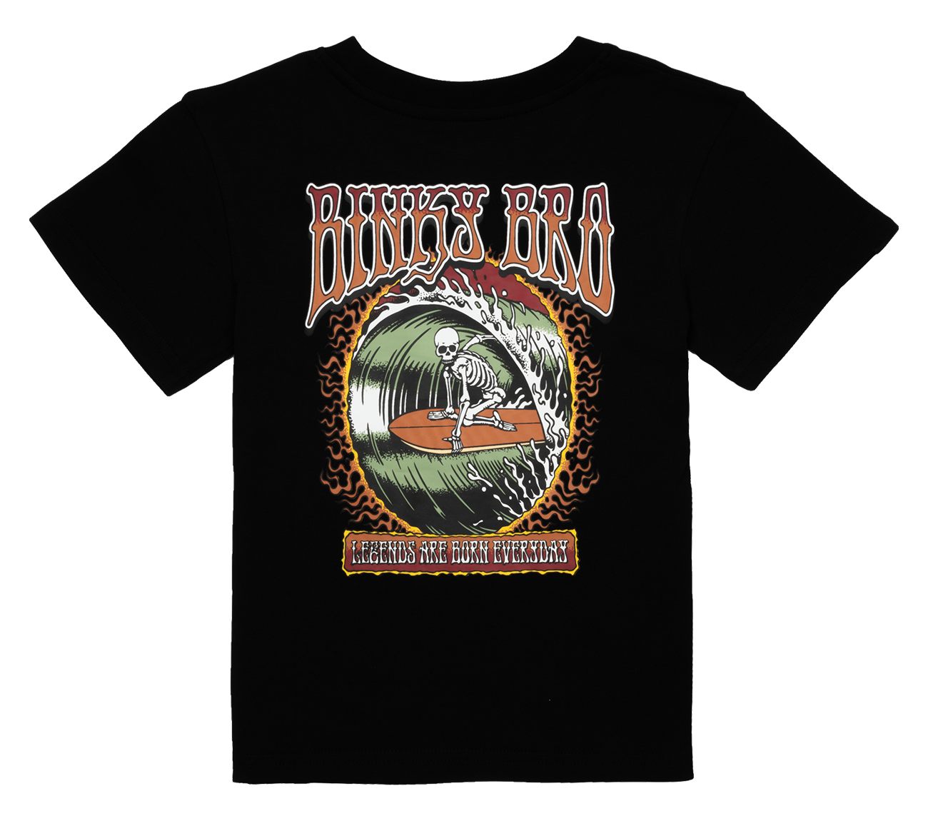 Black t-shirt featuring a skeleton surfing inside a wave, with "Binky Bro" and "Rides the Dark Eternally" text.