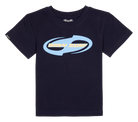 Navy blue t-shirt featuring a bold light blue "Binky Surf" logo, designed for infants and toddlers.