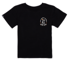 Black t-shirt featuring a graphic logo for Boos & Boards, designed for kids with a surf-snow-skate lifestyle.