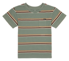 Green striped toddler t-shirt featuring brown and white stripes with a chest pocket, perfect for stylish casual wear.