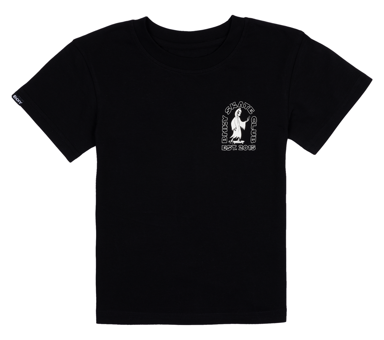 Black t-shirt featuring a small graphic of a reaper and "Reaper Skate Club" text, designed for skate enthusiasts.