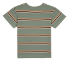 Back view of the Finley Stripes t-shirt featuring horizontal stripes in earthy tones on a muted green background.
