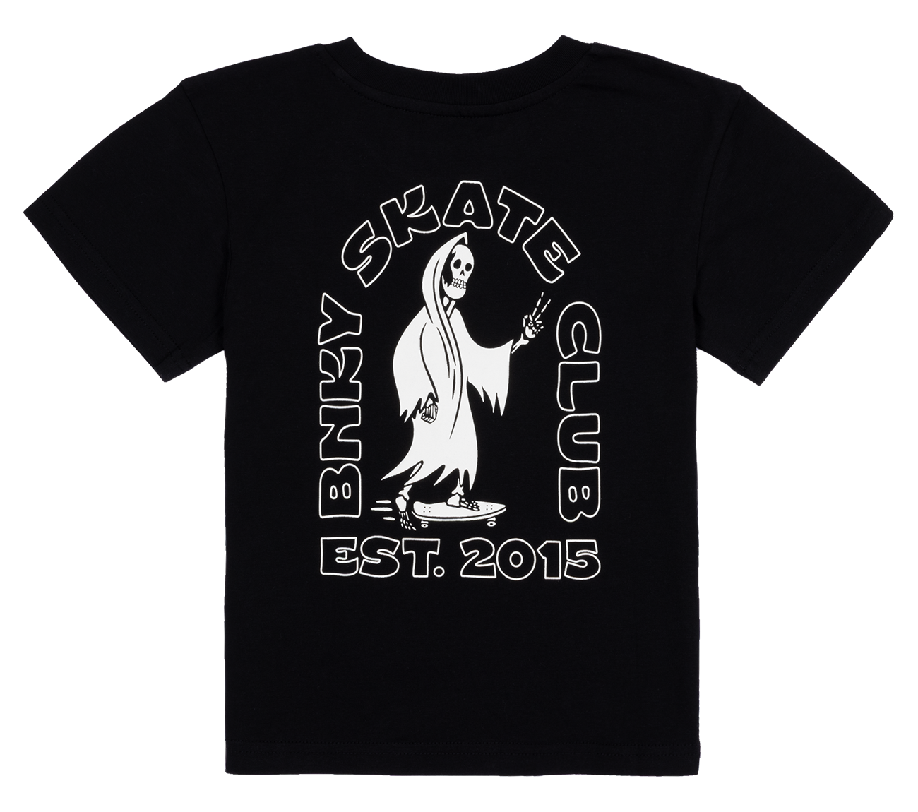Black t-shirt featuring a skeleton on a skateboard with "BNKY SKATE CLUB EST. 2015" text, perfect for young skaters.