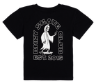 Black t-shirt featuring a skeleton on a skateboard with "BNKY SKATE CLUB EST. 2015" text, perfect for young skaters.