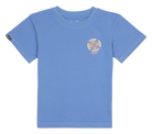 Light blue youth t-shirt featuring a vibrant flame graphic on the chest, perfect for active kids.