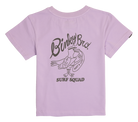 Light purple t-shirt featuring a playful bird graphic and "Binky Bro Surf Squad" text, designed for kids.