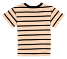 Back view of a striped short-sleeve shirt for kids, featuring alternating black and beige stripes.