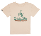 Light beige BinkyBro t-shirt featuring a vintage-style graphic of a cowboy on a horse with surf and skate elements.