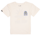 White youth t-shirt featuring a colorful sun graphic with the text "Fiesta Del Sol" for a stylish surf-inspired look.