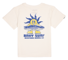 White toddler t-shirt featuring a colorful sun character with a surfboard, promoting a fun, beach-inspired vibe.