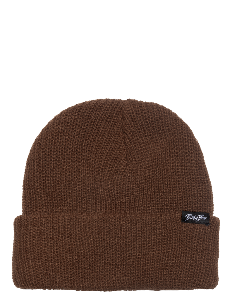 Our Moonrise Brown beanie is 100% acrylic. It has a "BinkyBro" signature fold tag along the edging. This is a FISHERMAN styled beanie. View more of our infant and toddler beanies.