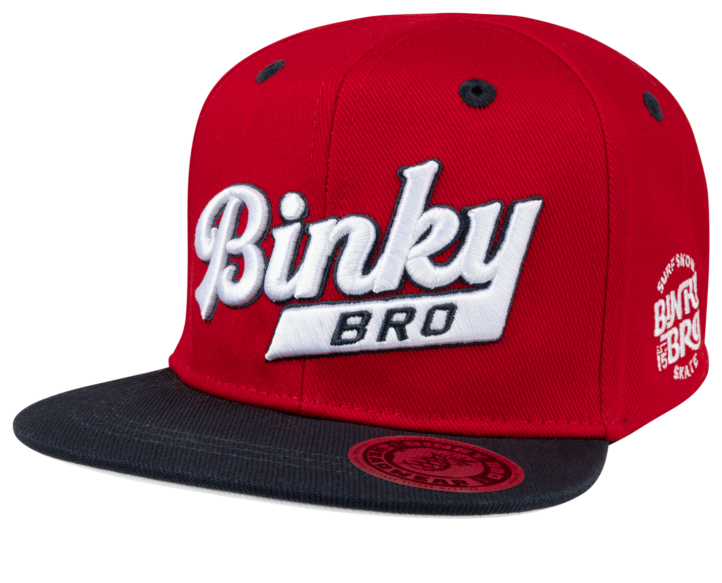 Red snapback hat with a white embroidered "Binky Bro" logo and a black flat brim, designed for kids' surf-snow-skate style.