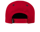 Red snapback hat featuring a classic design with an adjustable strap at the back for a comfortable fit.