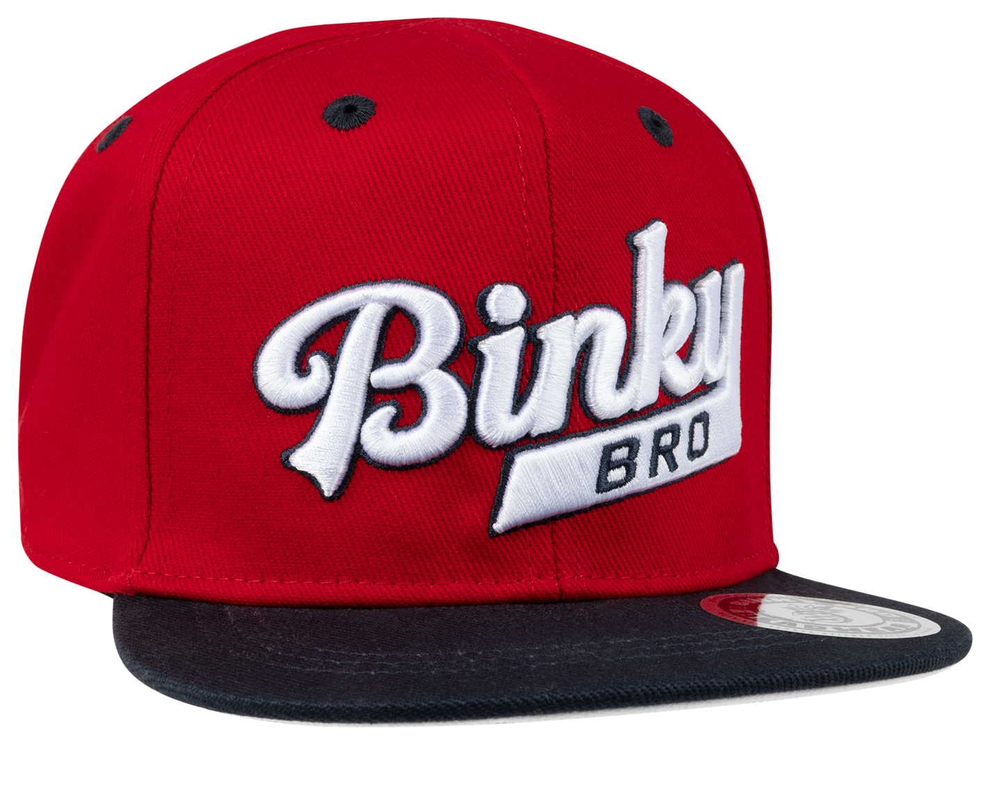 Red snapback hat with a black brim featuring the embroidered text "Binky Bro" in white, designed for kids.