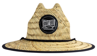 Stylish straw sun hat with a wide brim and a black Binky Bro Racing logo, perfect for kids' outdoor adventures.