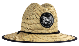 Stylish straw sun hat with a wide brim and Binky Bro Racing logo, perfect for outdoor adventures. Ideal for kids.