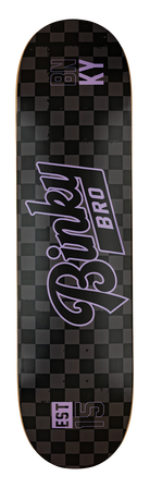 Black and purple checkerboard skateboard deck featuring bold "BinkyBro" logo and established year, designed for stylish youth.