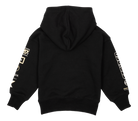 Black BinkyBro Racing Hood featuring bold graphics on the sleeves, designed for infants and toddlers.