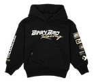 Black BinkyBro Racing Hood featuring bold white graphics and a front pocket, designed for stylish comfort in kids' apparel.