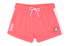 Blaze Coral swim shorts featuring a drawstring waist and contrasting side panels, perfect for active kids.