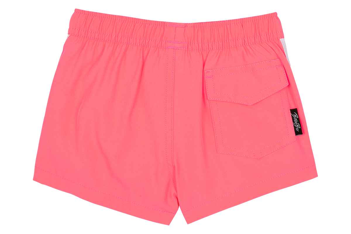 Bright coral shorts with an elastic waistband and a back pocket, designed for active infants and toddlers.
