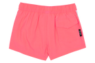 Bright coral shorts with an elastic waistband and a back pocket, designed for active infants and toddlers.