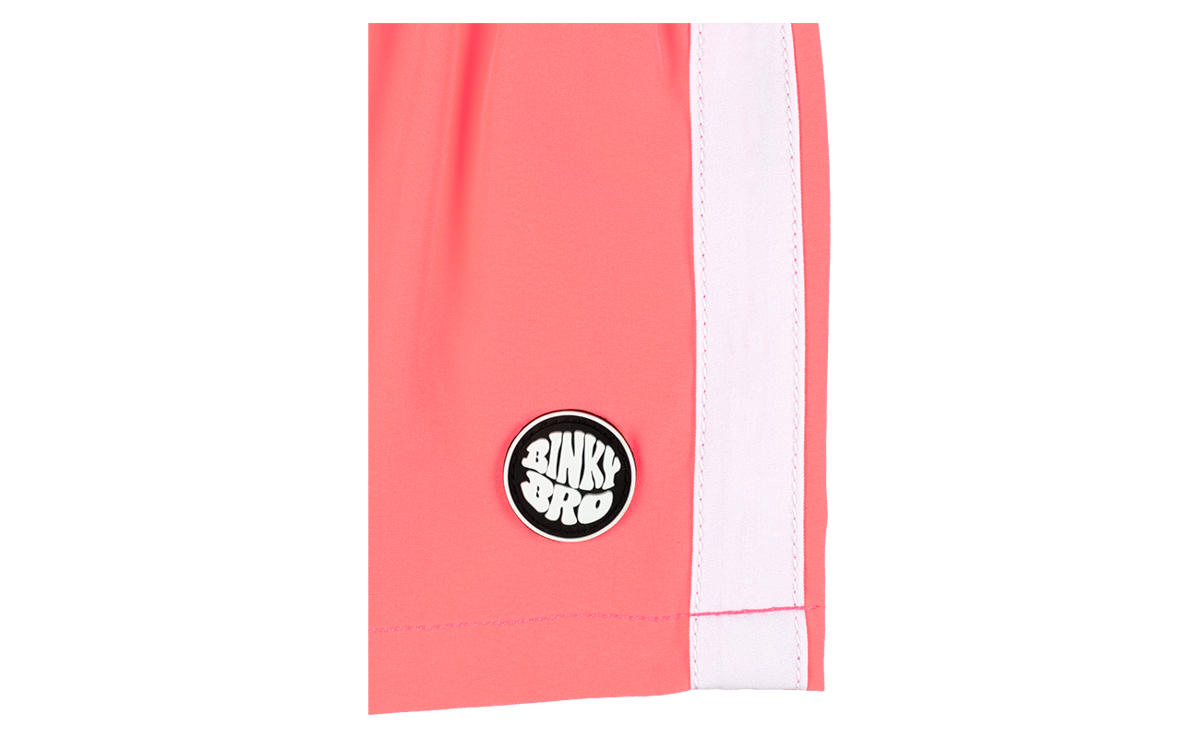Blaze Coral shorts featuring a BinkyBro logo patch and a stylish design for active kids. Perfect for summer adventures.