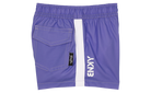 Stylish purple shorts featuring a side pocket and white stripe, perfect for active kids who love surf and skate culture.