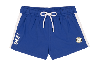 Blue swim shorts featuring a white drawstring and side panels, with "ENVIY" logo and a circular patch. Ideal for active youth.