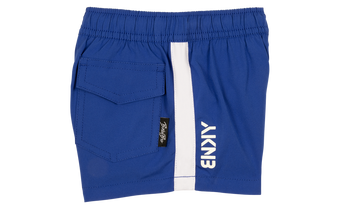 Blue toddler swim shorts featuring a side pocket and white stripe detail, perfect for active summer adventures.
