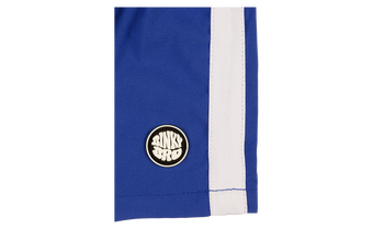 Blue shorts with white stripes featuring a round BinkyBro logo patch on the side, designed for active kids.