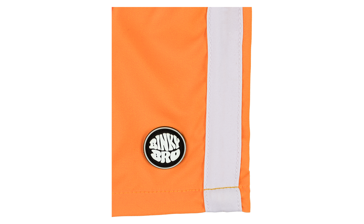 Blaze Tangerine fabric featuring a vibrant orange color with a black BinkyBro logo patch on the side.