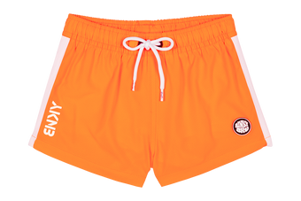 Bright orange swim shorts with white side panels and a drawstring waist, featuring the word "ENJY" and a logo patch.