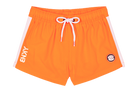 Bright orange swim shorts with white side panels and a drawstring waist, featuring the word "ENJY" and a logo patch.