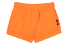 Bright tangerine swim shorts with an elastic waistband and back pocket, perfect for active kids. Ideal for summer fun.