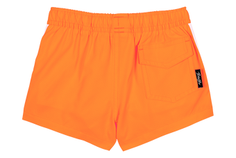 Bright tangerine swim shorts with an elastic waistband and back pocket, perfect for active kids. Ideal for summer fun.