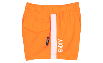 Bright orange shorts featuring an elastic waistband and a side pocket, designed for active kids with a stylish edge.
