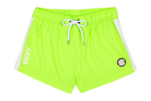 Bright neon green swim shorts featuring a drawstring waist and white side panels, perfect for active kids.