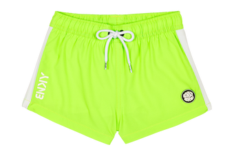 Bright neon green swim shorts featuring a drawstring waist and white side panels, perfect for active kids.