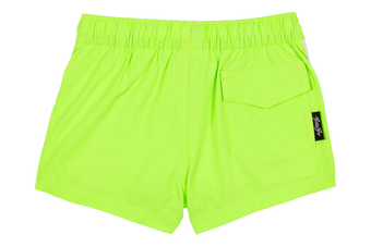 Bright neon green shorts featuring an elastic waistband and a back pocket, designed for active kids. Perfect for summer fun.