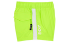 Bright neon green shorts with a side pocket and white stripe, designed for active kids embracing a surf-snow-skate lifestyle.
