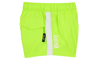 Bright neon green shorts with a side pocket and white stripe, designed for active kids embracing a surf-snow-skate lifestyle.