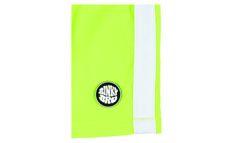 Bright neon green shorts featuring a white trim and a circular BinkyBro logo, perfect for active kids.