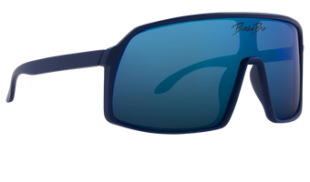 Navy sunglasses with a modern oversized frame and blue lenses, designed for stylish outdoor adventures.