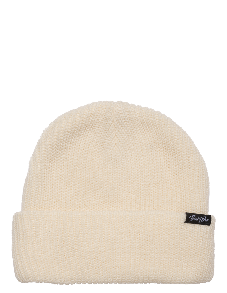 Our Moonrise Off-White beanie is 100% acrylic. It has a "BinkyBro" signature fold tag along the edging. This is a FISHERMAN styled beanie. Shop more of our infant and toddler beanies.