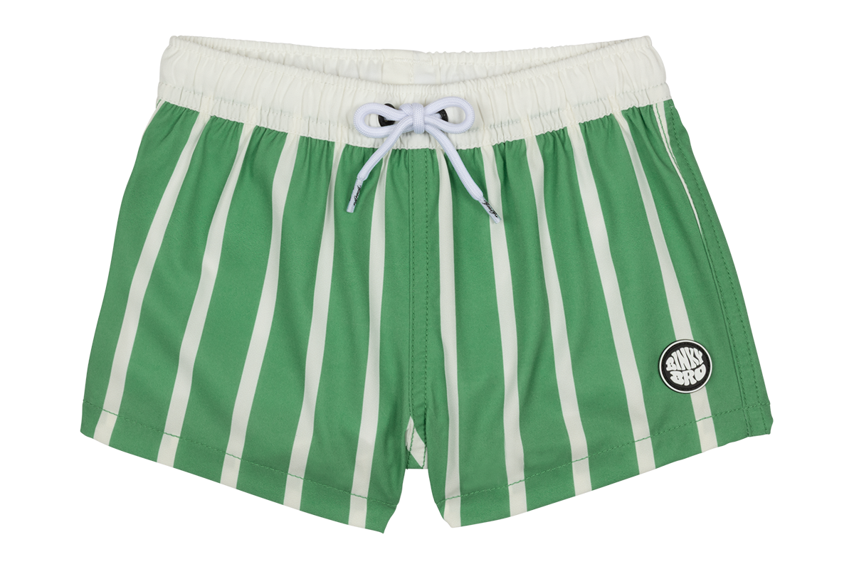 Green striped swim shorts with a white drawstring and a logo patch, designed for stylish summer fun.