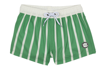 Green striped swim shorts with a white drawstring and a logo patch, designed for stylish summer fun.