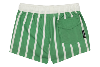 Green and white striped swim trunks featuring an elastic waistband and a back pocket, designed for kids' summer fun.