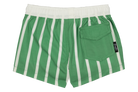 Green and white striped swim trunks featuring an elastic waistband and a back pocket, designed for kids' summer fun.